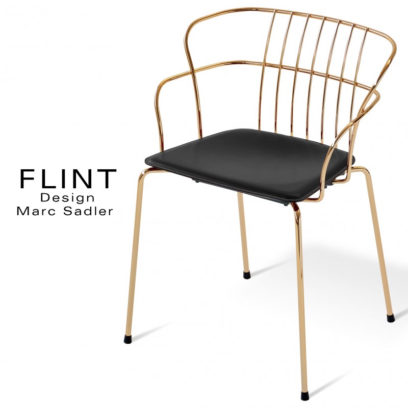 fauteuil en fil d acier pour terrasse et hotellerie flint structure laiton assise garnie habillage cuir lot de 4 pieces