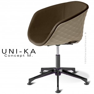Fauteuil bureau UNIKA, piétement colonne centrale sur vérin à gaz aluminium noir, coque tourterelle, tissu couleur moka.