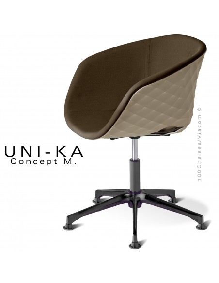Fauteuil bureau UNIKA, piétement colonne centrale sur vérin à gaz aluminium noir, coque tourterelle, tissu couleur moka.