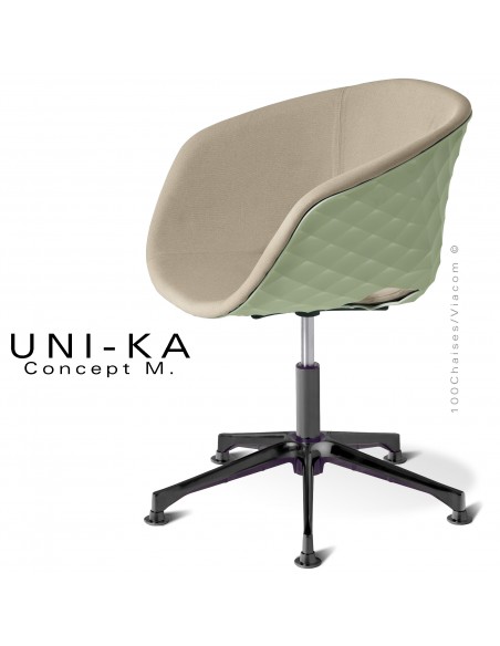 Fauteuil bureau UNIKA, piétement colonne centrale sur vérin à gaz aluminium noir, coque vert pistache, tissu couleur corde.