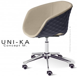 Fauteuil de bureau confort UNIKA, piétement aluminium brillant sur roulettes, coque plastique anthracite, tissu couleur corde.