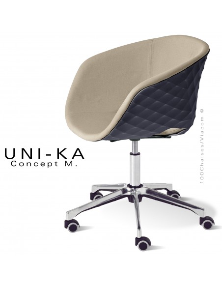 Fauteuil de bureau confort UNIKA, piétement aluminium brillant sur roulettes, coque plastique anthracite, tissu couleur corde.