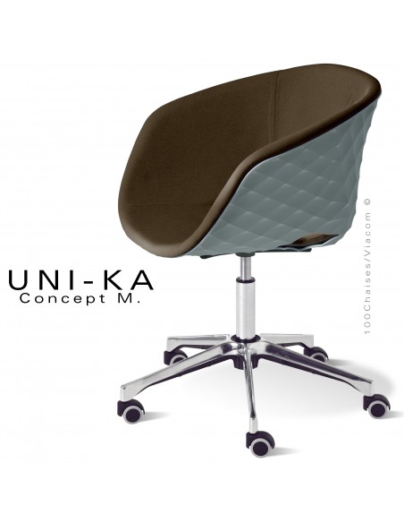 Fauteuil de bureau confort UNIKA, piétement aluminium brillant sur roulettes, coque plastique gris, tissu couleur marron.