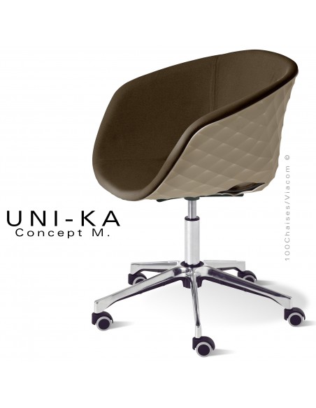 Fauteuil de bureau confort UNIKA, piétement aluminium brillant sur roulettes, coque plastique tourterelle, tissu couleur marron
