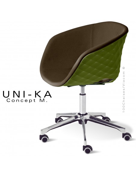 Fauteuil de bureau confort UNIKA, piétement aluminium brillant sur roulettes, coque plastique olive, tissu couleur marron.