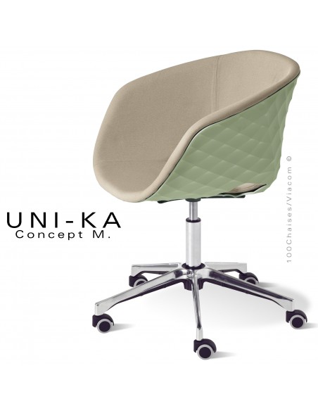 Fauteuil de bureau confort UNIKA, piétement aluminium brillant sur roulettes, coque plastique pistache, tissu couleur corde.