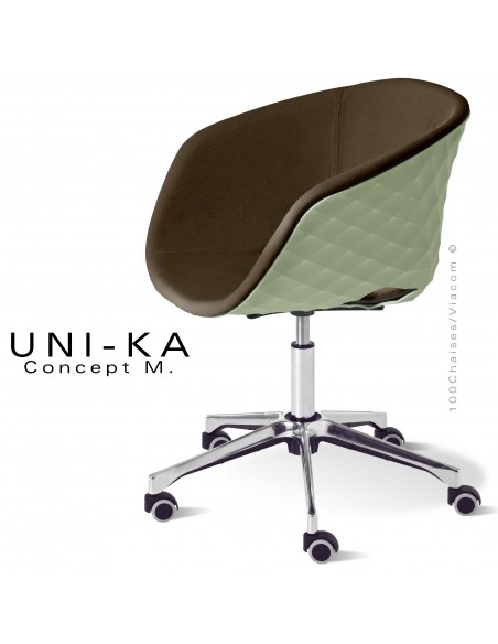 Fauteuil de bureau confort UNIKA, piétement aluminium brillant sur roulettes, coque plastique pistache, tissu couleur marron