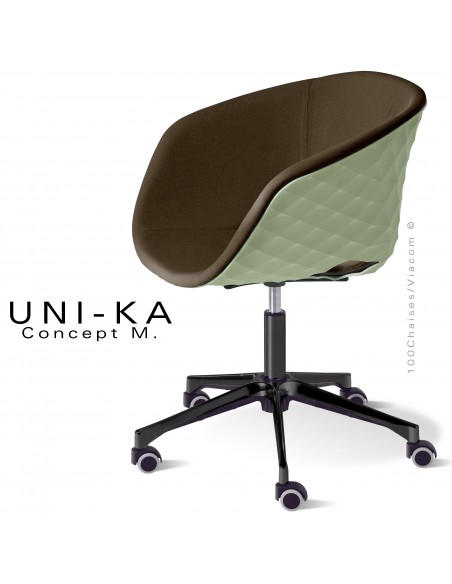 Fauteuil de bureau confort UNIKA, piétement aluminium noir sur roulettes, coque plastique pistache tissu couleur marron.
