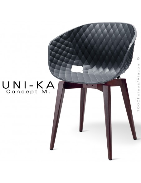 Fauteuil chic et tendance UNIKA, piétement bois de hêtre vernis brun, assise coque plastique couleur anthracite, matelassé.