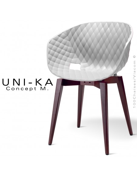 Fauteuil chic et tendance UNIKA, piétement bois de hêtre vernis brun, assise coque plastique couleur blanche, matelassé.