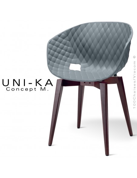 Fauteuil chic et tendance UNIKA, piétement bois de hêtre vernis brun, assise coque plastique couleur gris petit gris, matelassé.