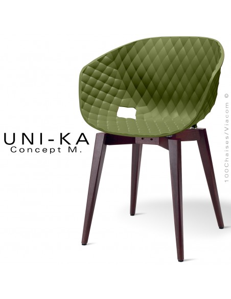 Fauteuil chic et tendance UNIKA, piétement bois de hêtre vernis brun, assise coque plastique couleur vert olive, matelassé.