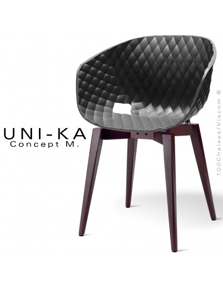 Fauteuil chic et tendance UNIKA, piétement bois de hêtre vernis brun, assise coque plastique couleur noire matelassé.