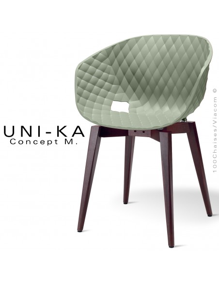 Fauteuil chic et tendance UNIKA, piétement bois de hêtre vernis brun, assise coque plastique couleur vert pistache, matelassé.