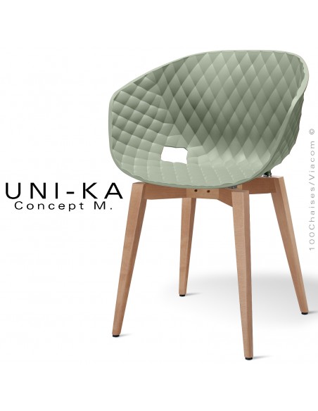 Fauteuil chic et tendance UNIKA, piétement bois de hêtre vernis châtaignier, assise plastique couleur vert pistache, matelassé.