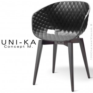 Fauteuil chic et tendance UNIKA, piétement bois de hêtre vernis noir, assise plastique couleur noire, matelassé.