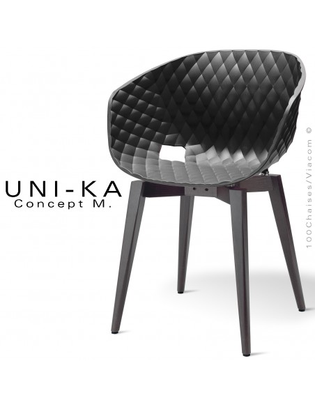 Fauteuil chic et tendance UNIKA, piétement bois de hêtre vernis noir, assise plastique couleur noire, matelassé.