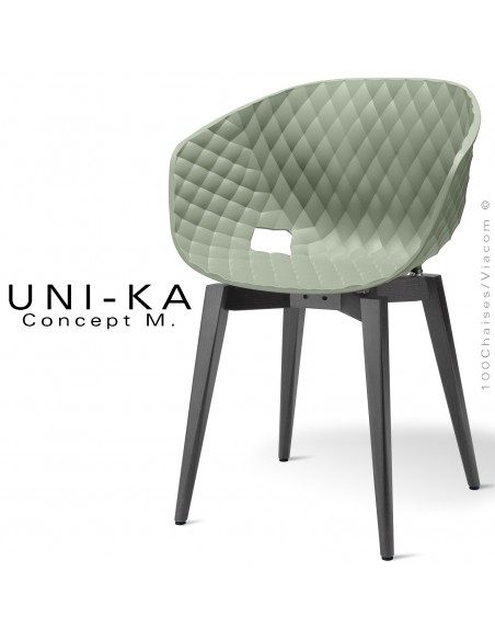 Fauteuil chic et tendance UNIKA, piétement bois de hêtre vernis noir, assise plastique couleur vert pistache, matelassé.