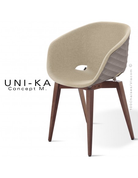 Fauteuil UNIKA, piétement vernis brun, assise coque couleur argile, habillage tissu couleur corde.