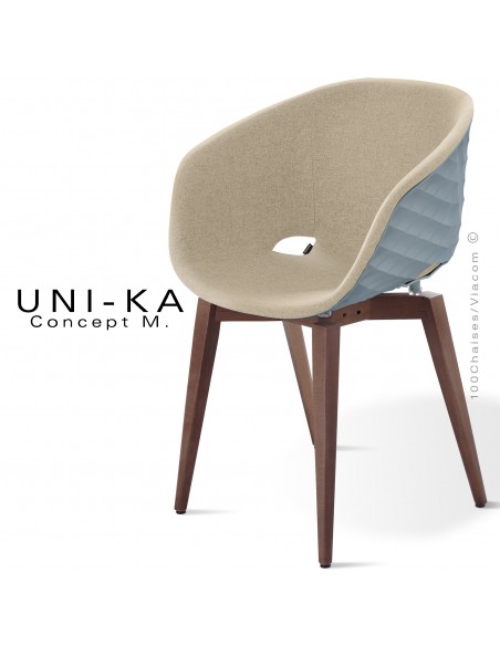 Fauteuil UNIKA, piétement vernis brun, assise coque couleur gris petit gris, habillage tissu couleur corde.