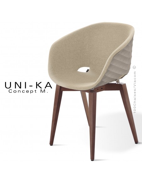 Fauteuil UNIKA, piétement vernis brun, assise coque couleur gris tourterelle habillage tissu couleur corde.