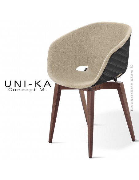 Fauteuil UNIKA, piétement vernis brun, assise coque couleur noire habillage tissu couleur corde.