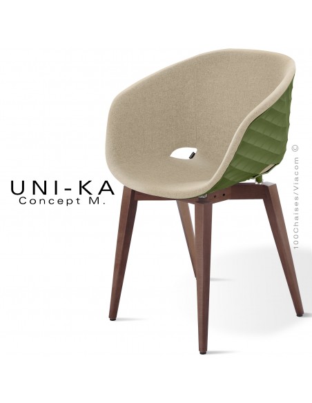 Fauteuil UNIKA, piétement vernis brun, assise coque couleur vert olive habillage tissu couleur corde.