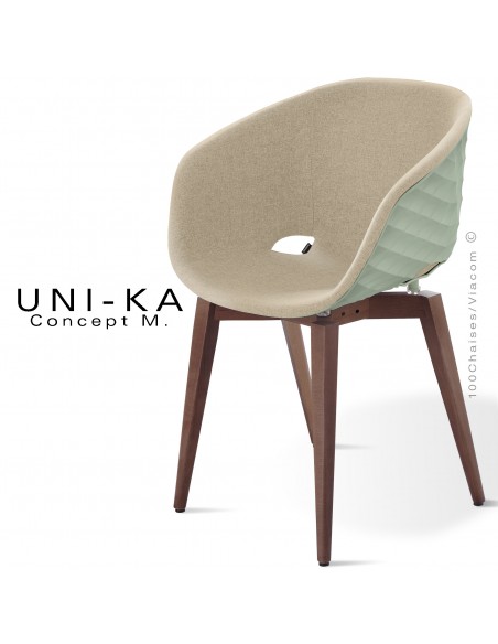 Fauteuil UNIKA, piétement vernis brun, assise coque couleur vert pistache habillage tissu couleur corde.