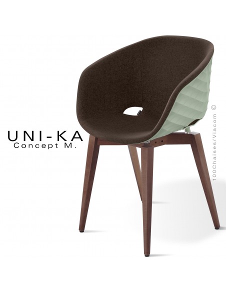 Fauteuil UNIKA, piétement vernis brun, assise coque couleur vert pistache habillage tissu couleur marron.