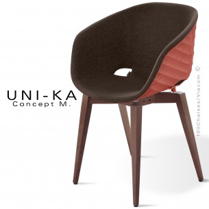 Fauteuil UNIKA, piétement vernis brun, assise coque couleur rouge corail habillage tissu couleur marron.
