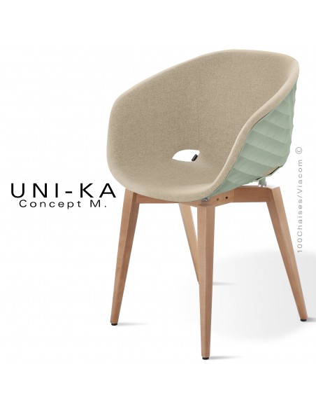 Fauteuil UNIKA, piétement vernis châtaignier, assise coque couleur vert pistache habillage tissu couleur corde.