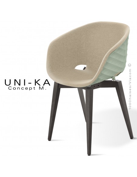 Fauteuil UNIKA, piétement vernis noir, assise coque couleur vert pistache habillage tissu couleur corde.