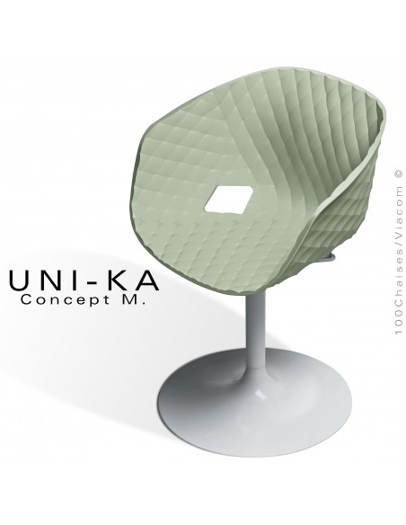 Fauteuil pivotant de bureau UNIKA, piétement tulipe peint aluminium, assise plastique couleur vert pistache.