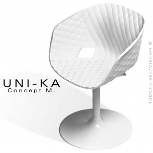Fauteuil pivotant de bureau UNIKA, piétement tulipe peint blanc, assise plastique couleur blanche.