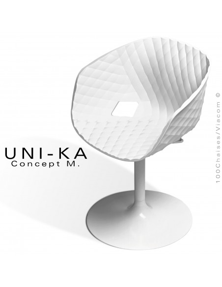 Fauteuil pivotant de bureau UNIKA, piétement tulipe peint blanc, assise plastique couleur blanche.