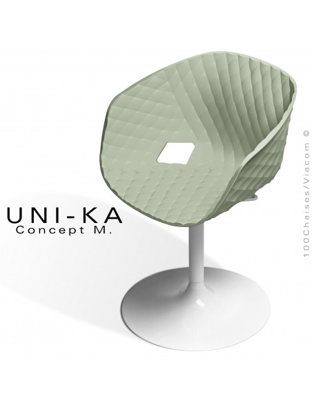 Fauteuil pivotant de bureau UNIKA, piétement tulipe peint blanc, assise plastique couleur vert pistache.