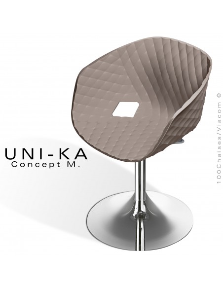 Fauteuil pivotant de bureau UNIKA, piétement tulipe chromé brillant, assise plastique couleur argile.