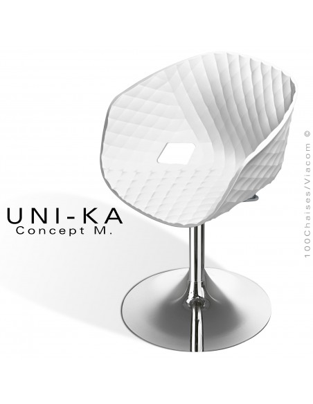 Fauteuil pivotant de bureau UNIKA, piétement tulipe chromé brillant, assise plastique couleur blanc.
