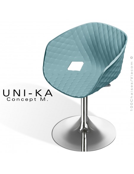 Fauteuil pivotant de bureau UNIKA, piétement tulipe chromé brillant, assise plastique couleur bleu poudre.