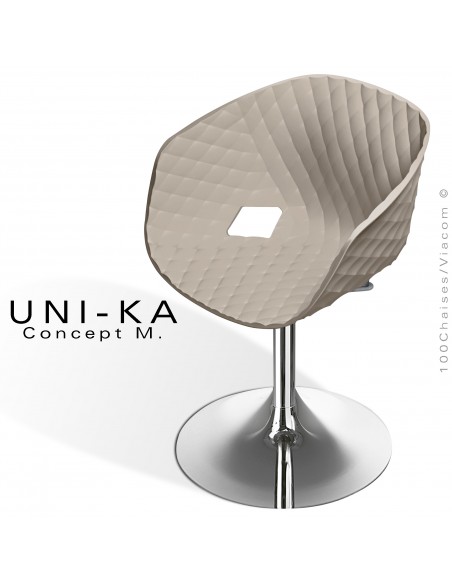 Fauteuil pivotant de bureau UNIKA, piétement tulipe chromé brillant, assise plastique couleur gris tourterelle.