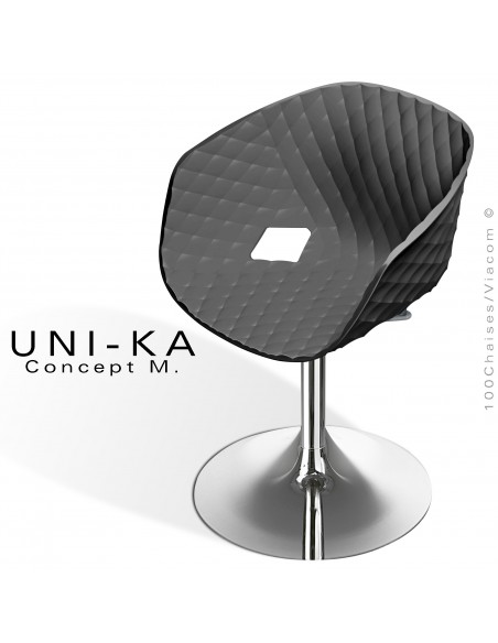 Fauteuil pivotant de bureau UNIKA, piétement tulipe chromé brillant, assise plastique couleur noire.