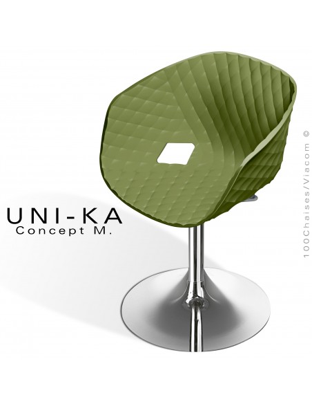 Fauteuil pivotant de bureau UNIKA, piétement tulipe chromé brillant, assise plastique couleur vert olive.