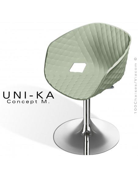 Fauteuil pivotant de bureau UNIKA, piétement tulipe chromé brillant, assise plastique couleur vert pistache.