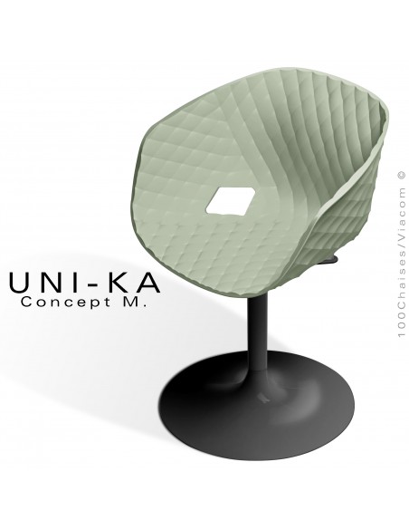 Fauteuil pivotant de bureau UNIKA, piétement tulipe peint noir, assise plastique couleur vert pistache.