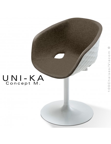 Fauteuil design chic et tendance UNIKA, piétement tulipe peint blanc, assise plastique couleur blanche, habillage tissu marron.