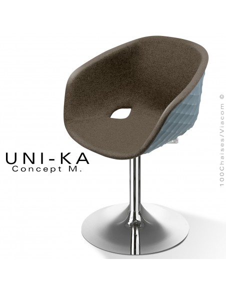 Fauteuil design chic et tendance UNIKA, piétement tulipe chromé brillant, assise plastique gris, habillage tissu marron.