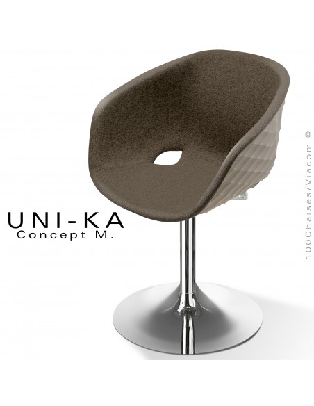 Fauteuil design chic et tendance UNIKA, piétement tulipe chromé brillant, assise plastique tourterelle, habillage tissu marron