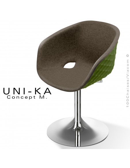 Fauteuil design chic et tendance UNIKA, piétement tulipe chromé brillant, assise plastique vert olive, habillage tissu marron.