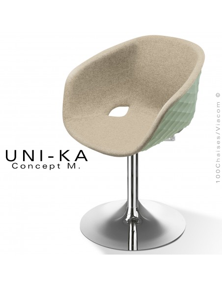 Fauteuil design chic et tendance UNIKA, piétement tulipe chromé brillant, assise plastique pistache, habillage tissu corde.