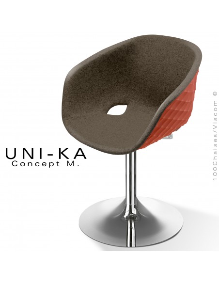 Fauteuil design chic et tendance UNIKA, piétement tulipe chromé brillant, assise plastique rouge, habillage tissu marron.